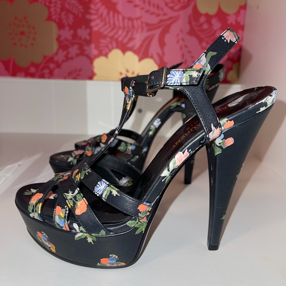 Saint Laurent Black Floral T-Strap Leather Heels - Picture 2 of 8